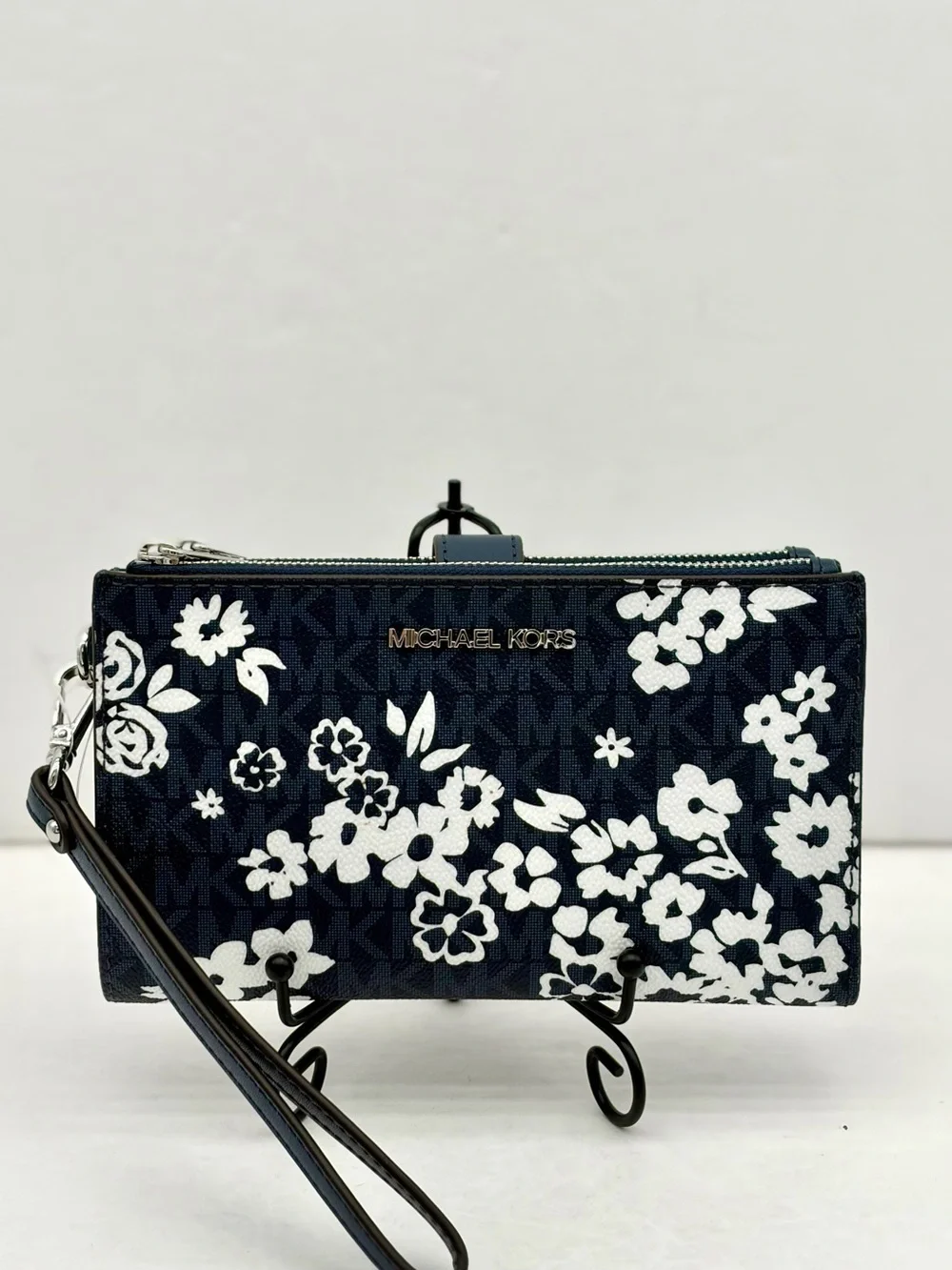 Michael Kors Navy Blue Floral Logo Wristlet Clutch